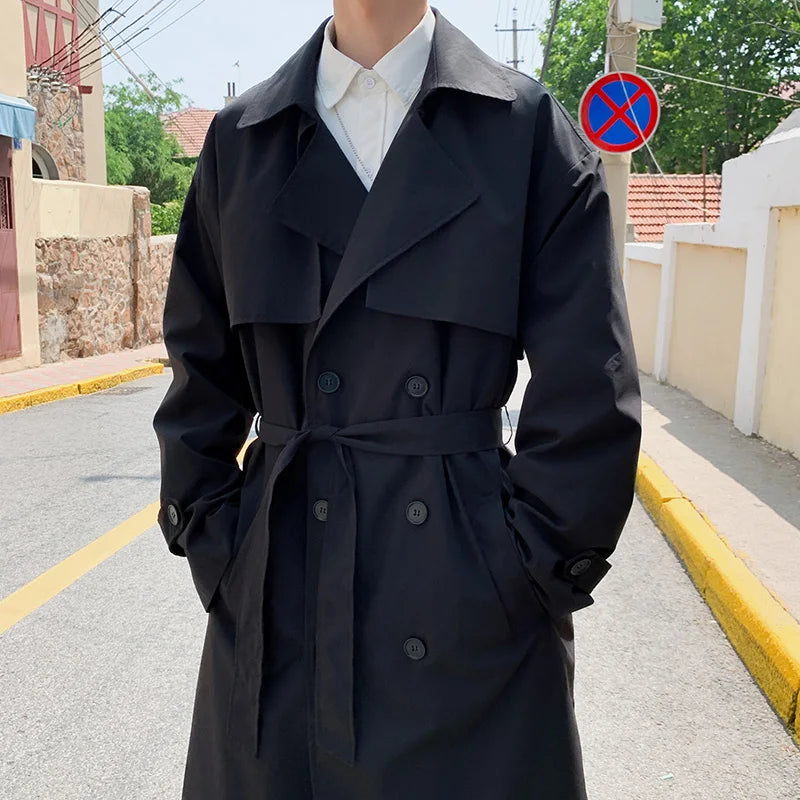 Koreansk stil vår trenchcoat herr streetwear vindjacka trenchcoat män enfärgad business casual lös lång överrock