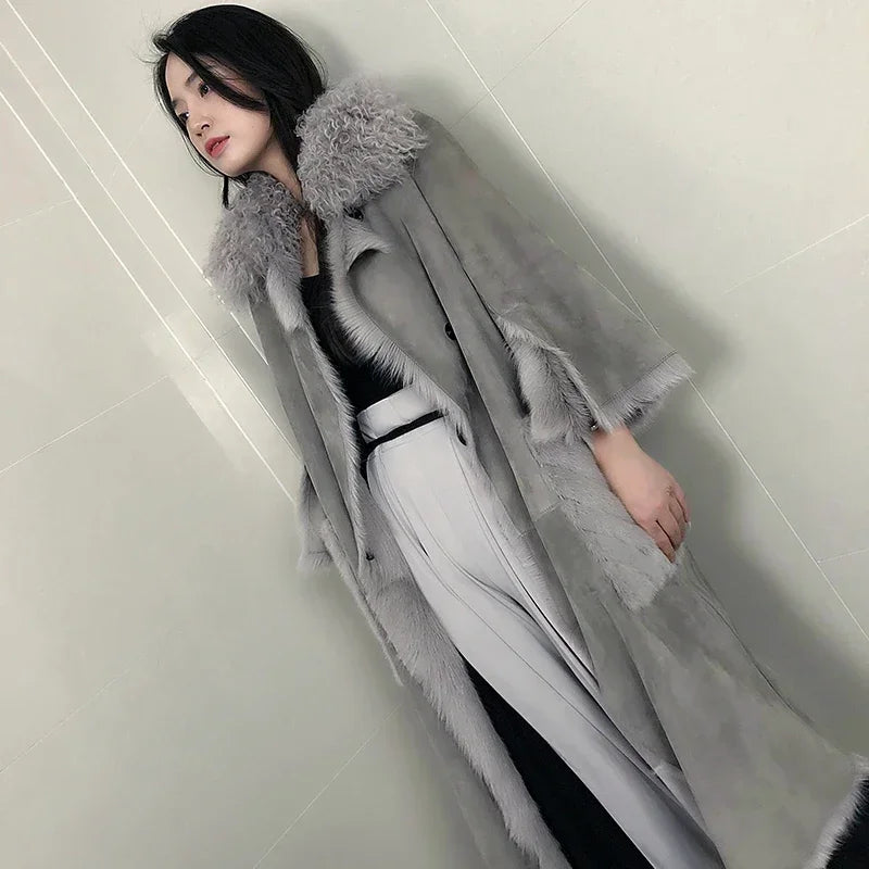 Elegancki damski płaszcz z prawdziwej owczej skóry w stylu vintage, kurtka z kieszeniami z futra norek, odzież damska, płaszcze zimowe, Roupas Femeninas Zjt912
