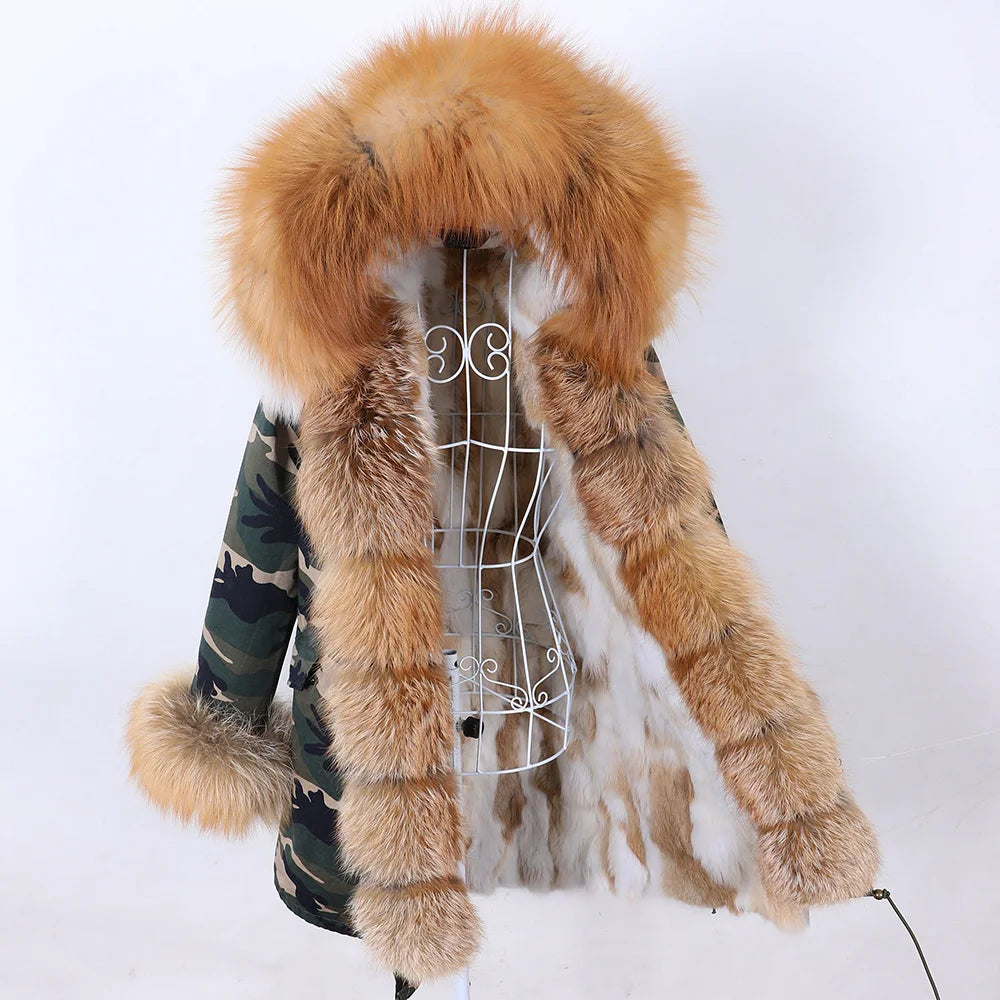 MAOMAOKONG 2026 Removable Real Fox Fur Collar Coats Woman Winter Jacket Hooded Rabbit Fur Lining Long Parkas Female Clothes
