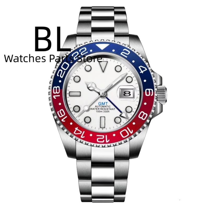 BLIGER 40mm Customizable Logo Blue GMT Watch for Men Black White Dial Green Luminous Sapphire Glass Waterproof Reloj Hombre Date