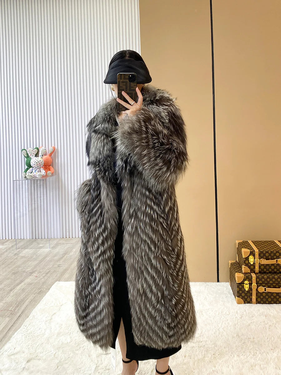 Winter New Ladies 100% Natural Fox Fur Coat With Stripes Long Cardigan Luxury Elegant Plus Size Clothes Coat Can Be Customized
