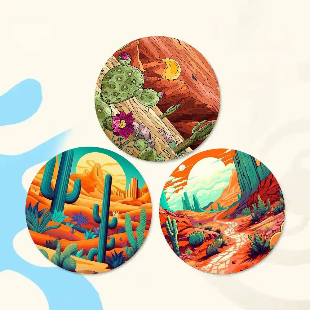 Cactus Sunset Cartoon Round Badge Lapel Pins For Backpacks Briefcase Laser Brooch Clothes Gifts