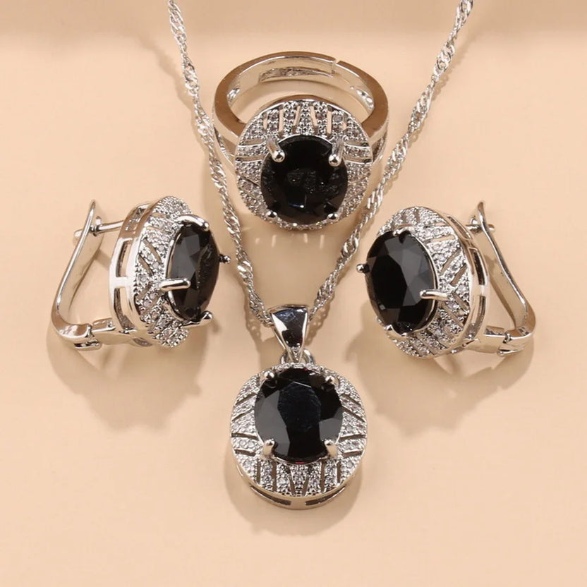 Smyckesset med safir för kvinnor, halsband med halo-hänge, örhängen och ring i 925 sterling silver, present med blå ädelsten för bröllopsfest