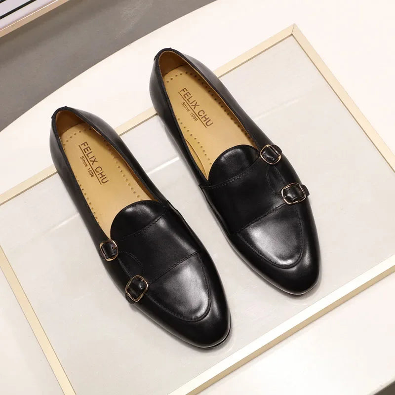 Mocasines de piel auténtica para hombre FELIX CHU, zapatos de vestir casuales hechos a mano con hebilla de monje para bodas, fiestas, verano y otoño