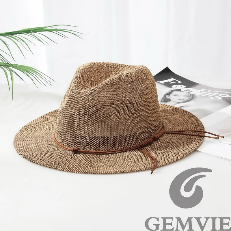GEMVIE New Summer Hat Panama Hats Hollow Out Straw Hat for Men Women Leather Ribbon Large Brim Sun Beach Hat Jazz Cap Fedora