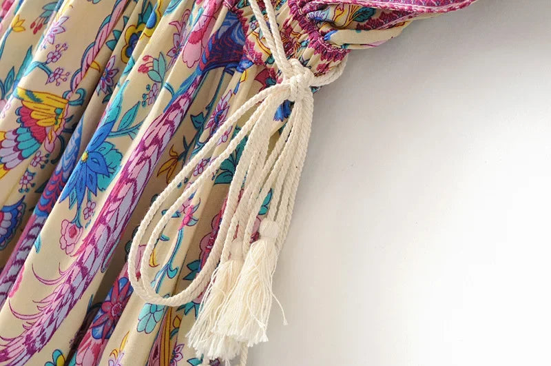 Boho Queens Women Peacock Floral Print Bat Sleeve Beach Bohemian  Maxi Dresses Ladies v Neck Tassel Summer Dress Vestidos