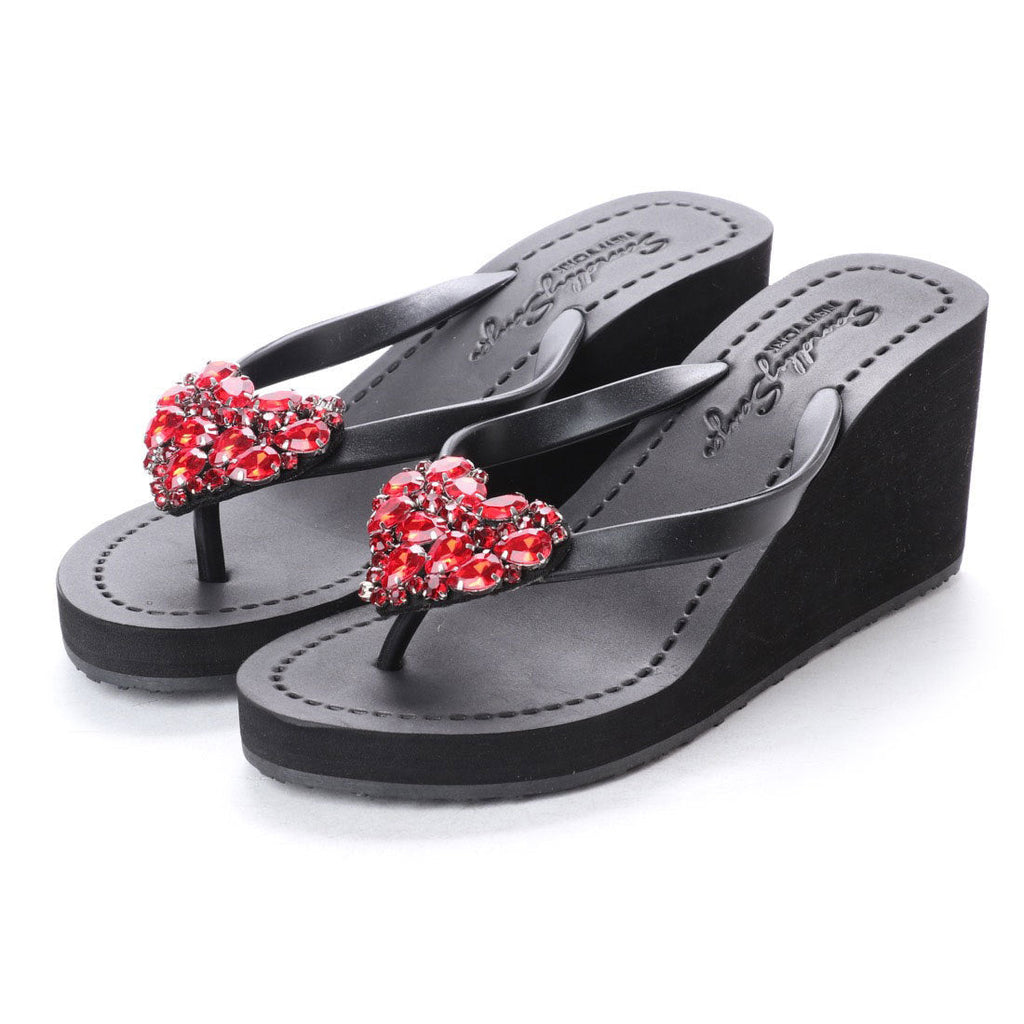 Rött hjärta - Rhinestone-dekorerade högklackade flip-flops för dam
