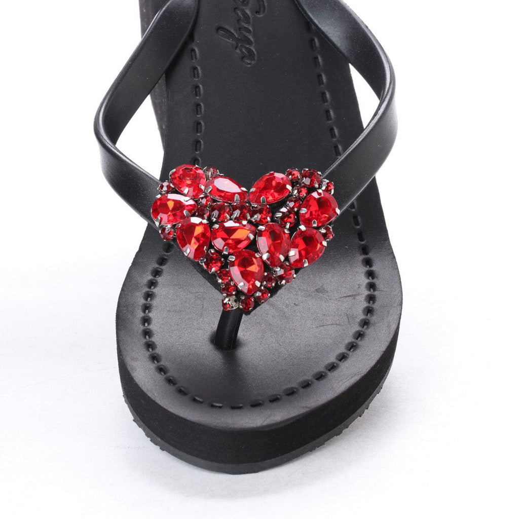 Rött hjärta - Rhinestone-dekorerade högklackade flip-flops för dam