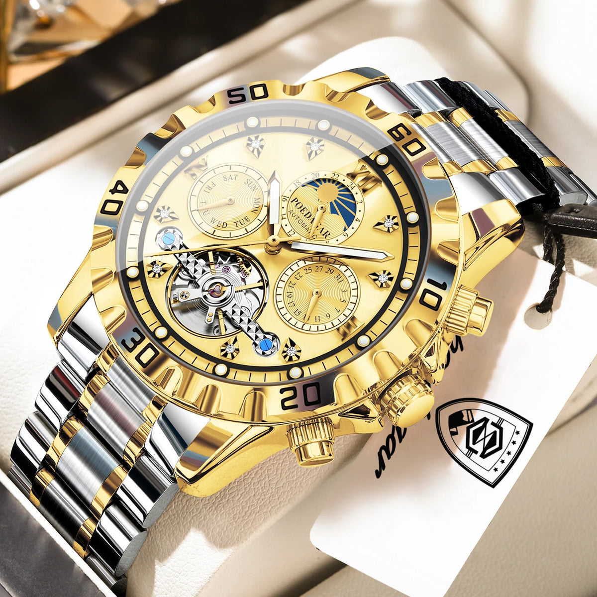 POEDAGAR Lovers Wristwatch Mechanical Waterproof Boyfriend Watch Hollow Tourbillon Automatic Stainless Steel Men's Watches Reloj