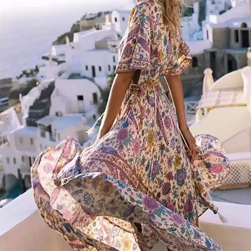 Boho Queens Women Peacock Floral Print Bat Sleeve Beach Bohemian  Maxi Dresses Ladies v Neck Tassel Summer Dress Vestidos