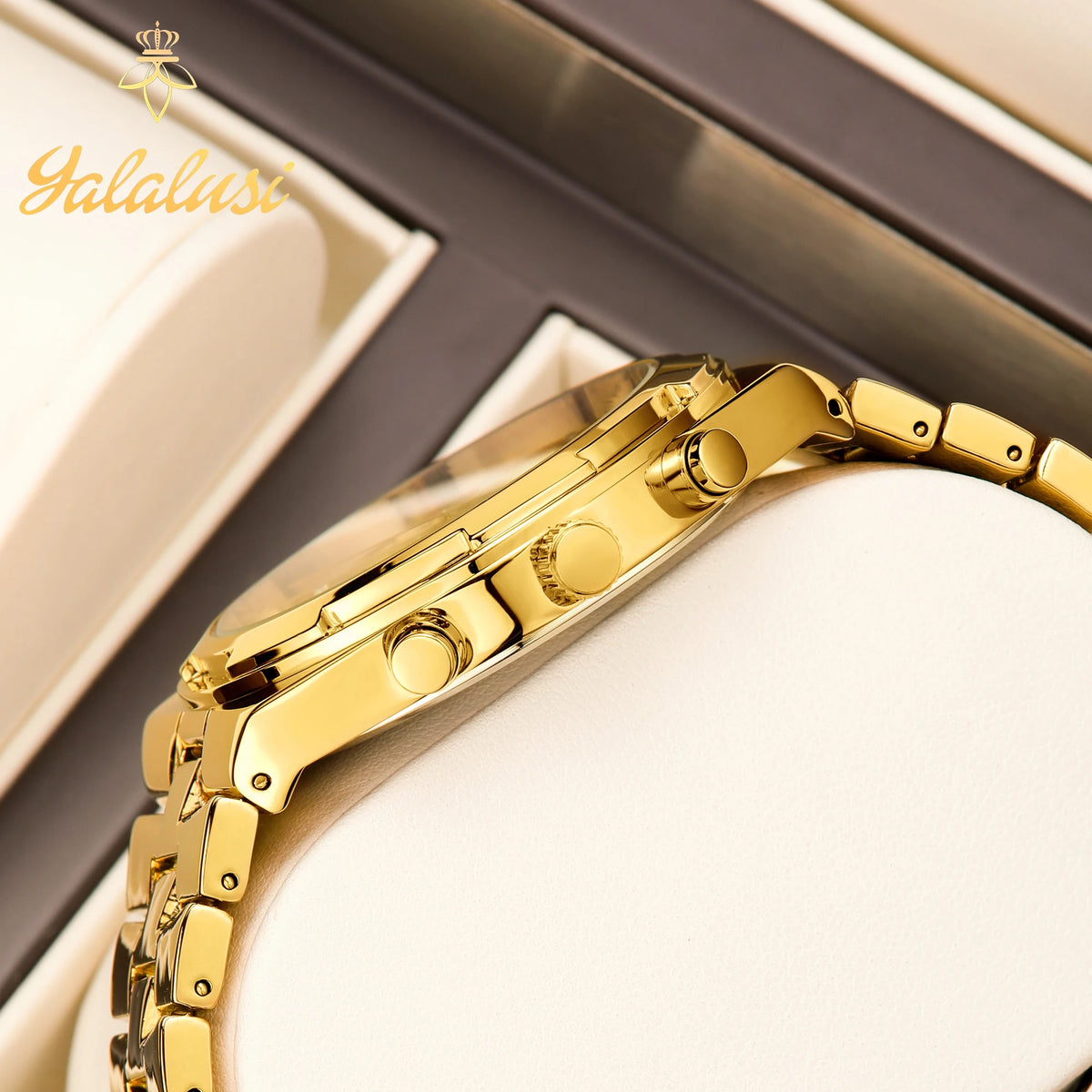 Relojes de pareja de cuarzo impermeables unisex YaLaLuSi con correa de aleación chapada en oro