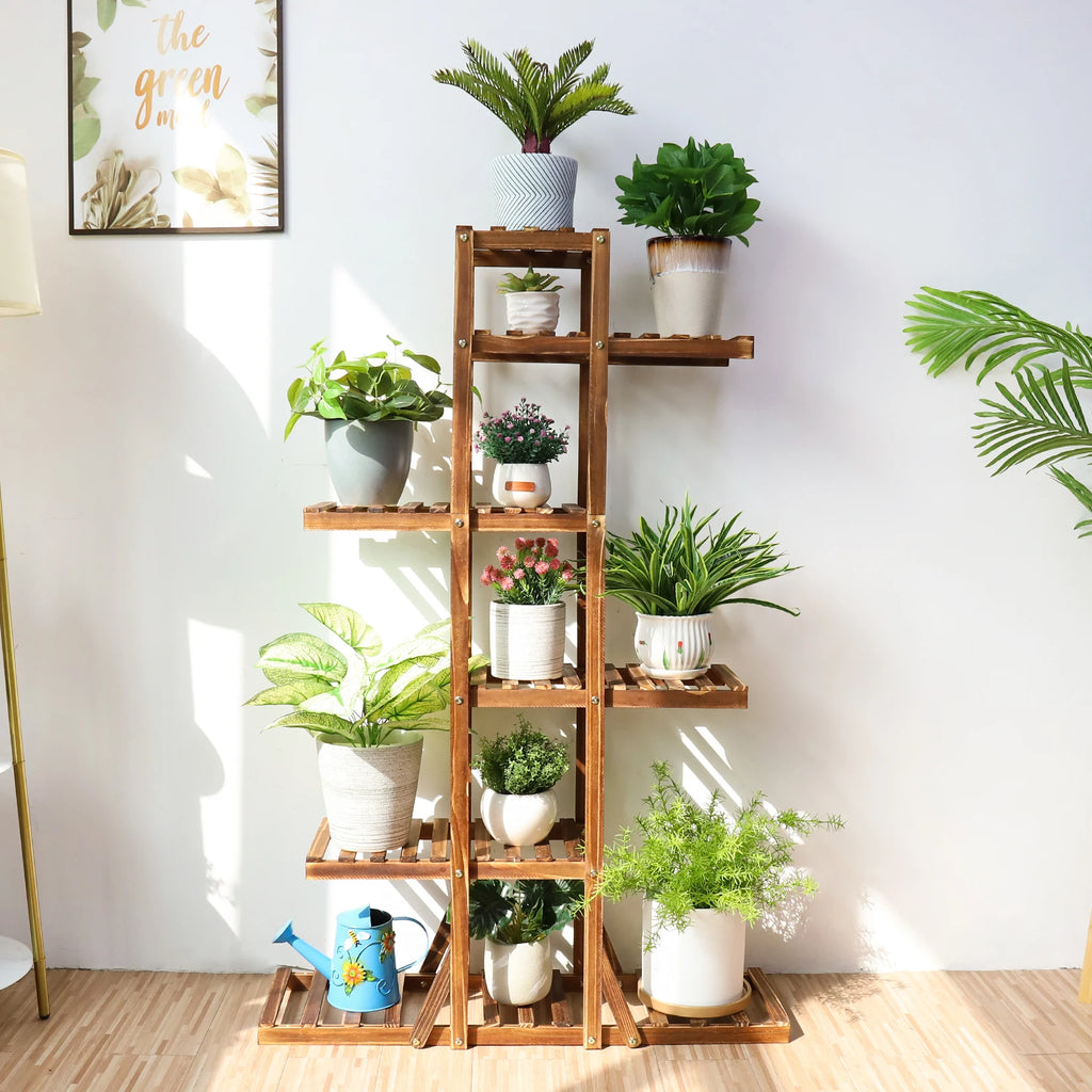 6 Tier Wooden Plant Stand Carbonized Wood Plant Stand Holder Flower Display Stand Flower Pot Rack Bonsai Display Bench Patio She