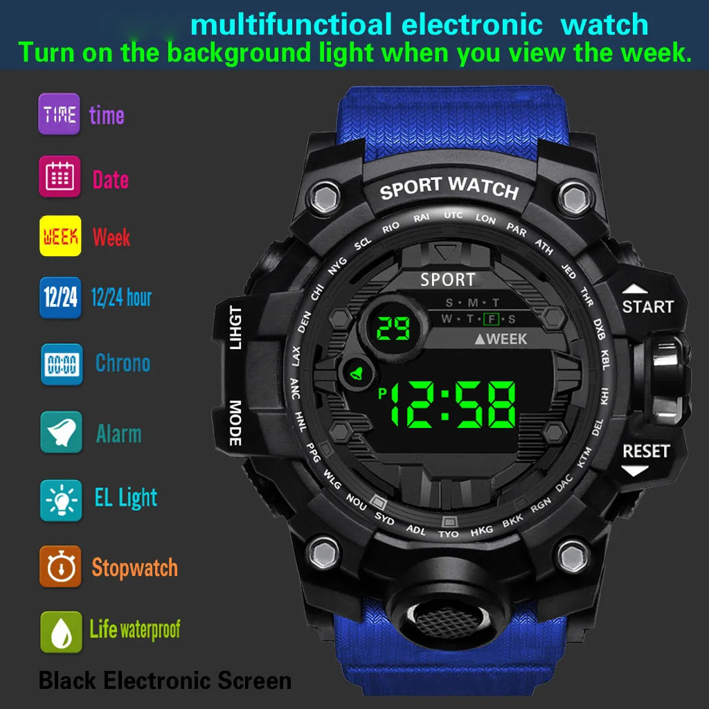 Reloj de pulsera electrónico deportivo de moda para hombre, reloj militar para niños con esfera grande multifuncional, impermeable y luminoso con alarma