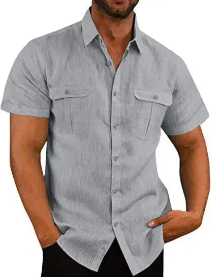 Herrskjortor i linne på rea – kortärmade, enfärgade sommarskjortor med bekväm krage i ledig strandstil, stora storlekar M–4XL