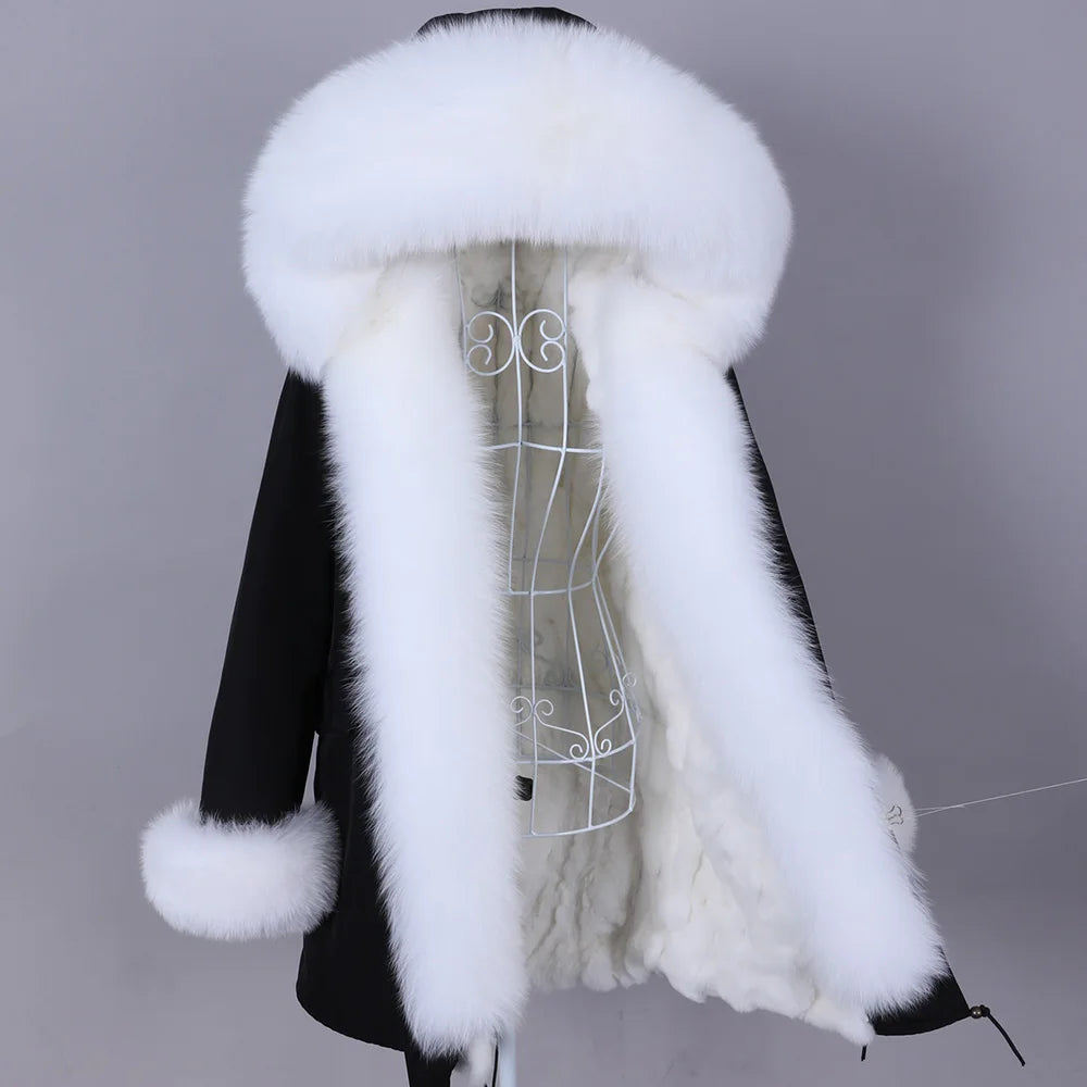 MAOMAOKONG 2026 Removable Real Fox Fur Collar Coats Woman Winter Jacket Hooded Rabbit Fur Lining Long Parkas Female Clothes