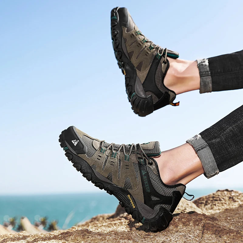 HIKEUP Men's Hiking Shoes Suede Leather Outdoor Shoes Wear-Resistant Men Trekking Walking Hunting Tactical Sneakers