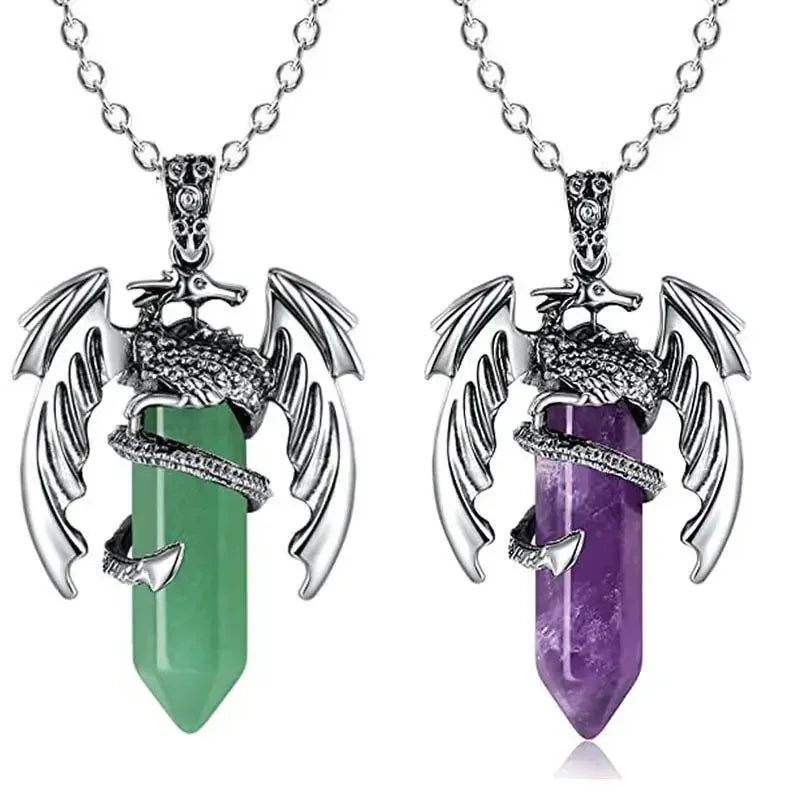 Green Jade Dragon Pendant Crystal Agate Tibet Silver Necklace Jewelry Gift Yoga Energy Natural Amulets Talismans Meditation
