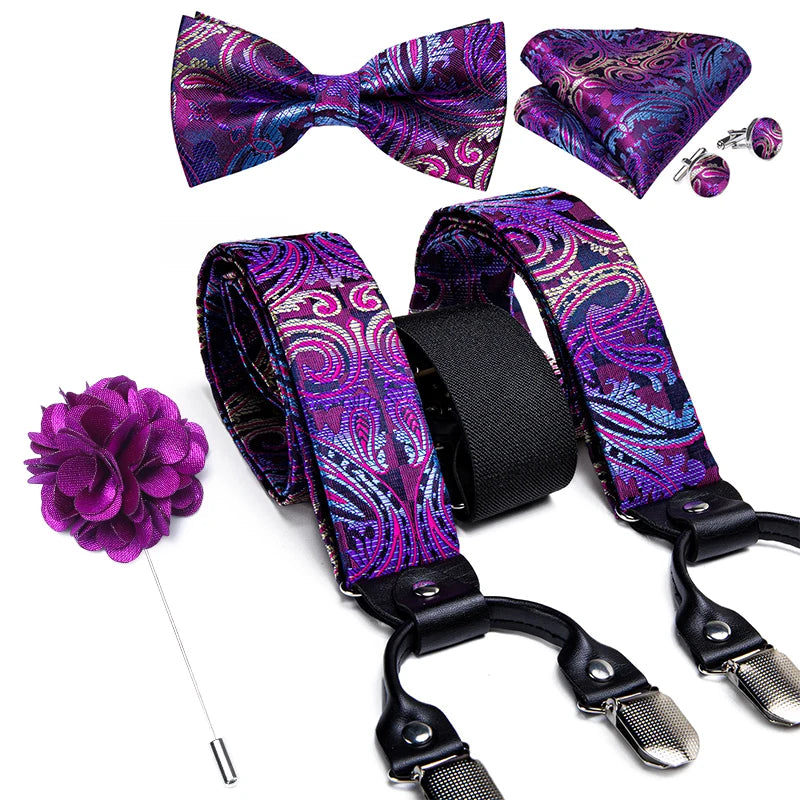 Luxury White Men's Suspenders Adjustable 6 Clips Braces DiBanGu Leather Metal Pre-Tied Bow Tie Brooch Pocket Square Set