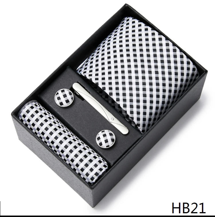 2023 Mode 7,5 cm breite Krawatten-Sets, schwarze Herren-Krawatte, Einstecktuch, Manschettenknöpfe, Krawattenklammer, Box, Hochzeitsgeschenk, handgefertigte Krawatte, Arbeitskleidung