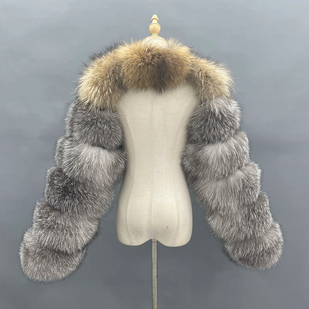 MISSJANEFUR 2022 New Fur Coat Women Cropped Luxury Real Silver Fox Fur Jacket Fashion Warm Custom Natural Raccoon Fur Winter