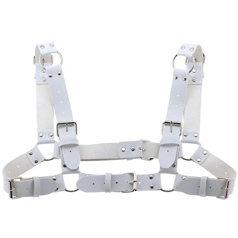 Arnés de pecho punk sexy para mujer y hombre, cadena corporal de metal enjaulado ajustable, gargantilla de cuero sintético, collar llamativo para fiesta y clubwear