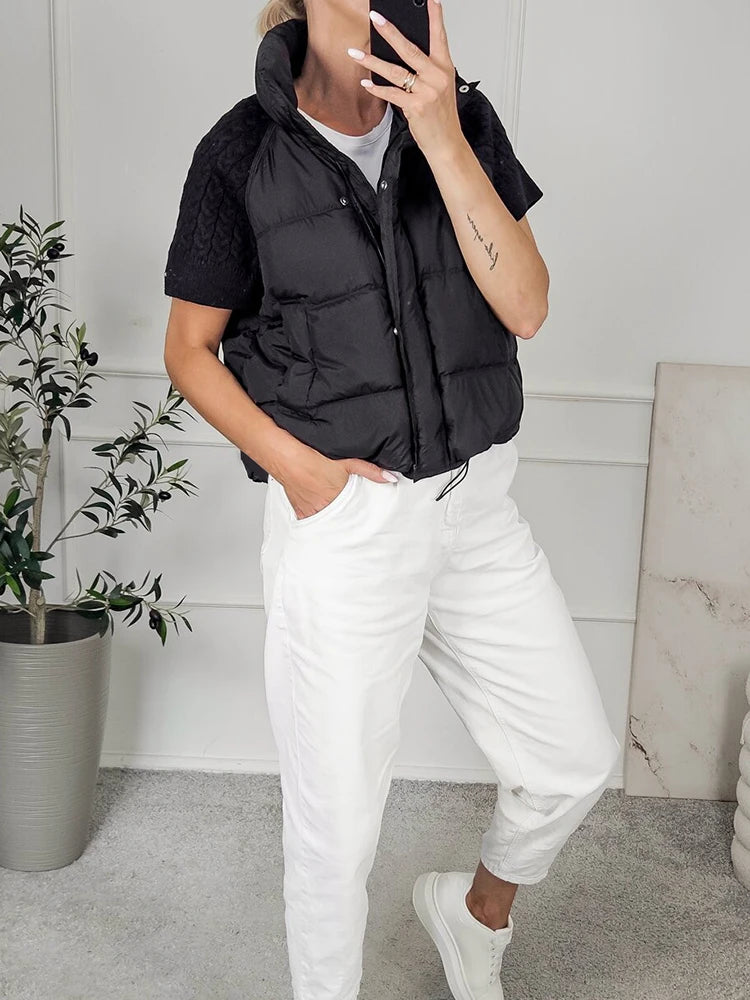 Women's Knitted Splicing Padded Sleeveless Vest with Stand Collar