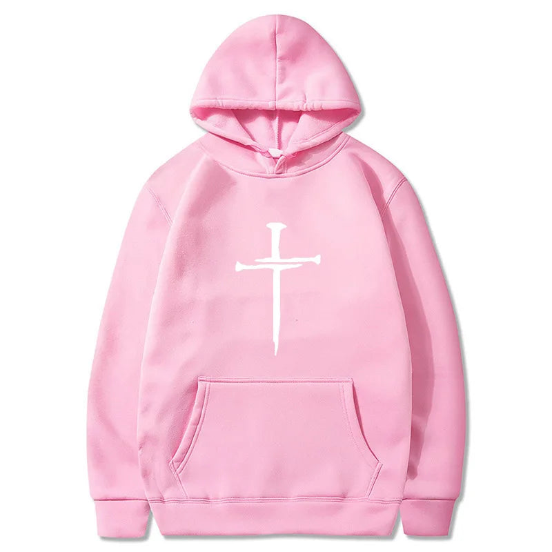 Herr-huvtröja med korsgrafik – Svart ledig tröja med religiöst tryck, moderiktigt streetwear för höst/vinter