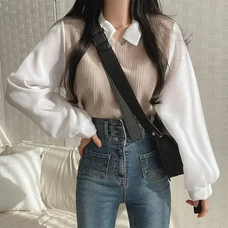 Korean Shirt Y2k Tops False Two-Piece Polo Collar Women's Blouse Spring Casual Streetwear Loose Female Pullovers Elegant Blouses