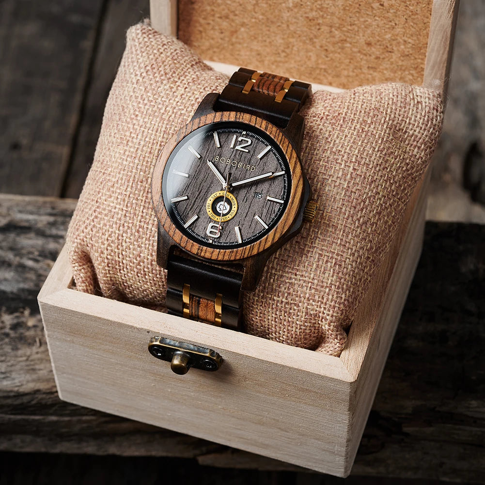 Wooden  Men's Watches BOBOBIRD New Fashion Japanese Movement Quartz Wristwatch Week Date Display Custom Name Brand Great Gift