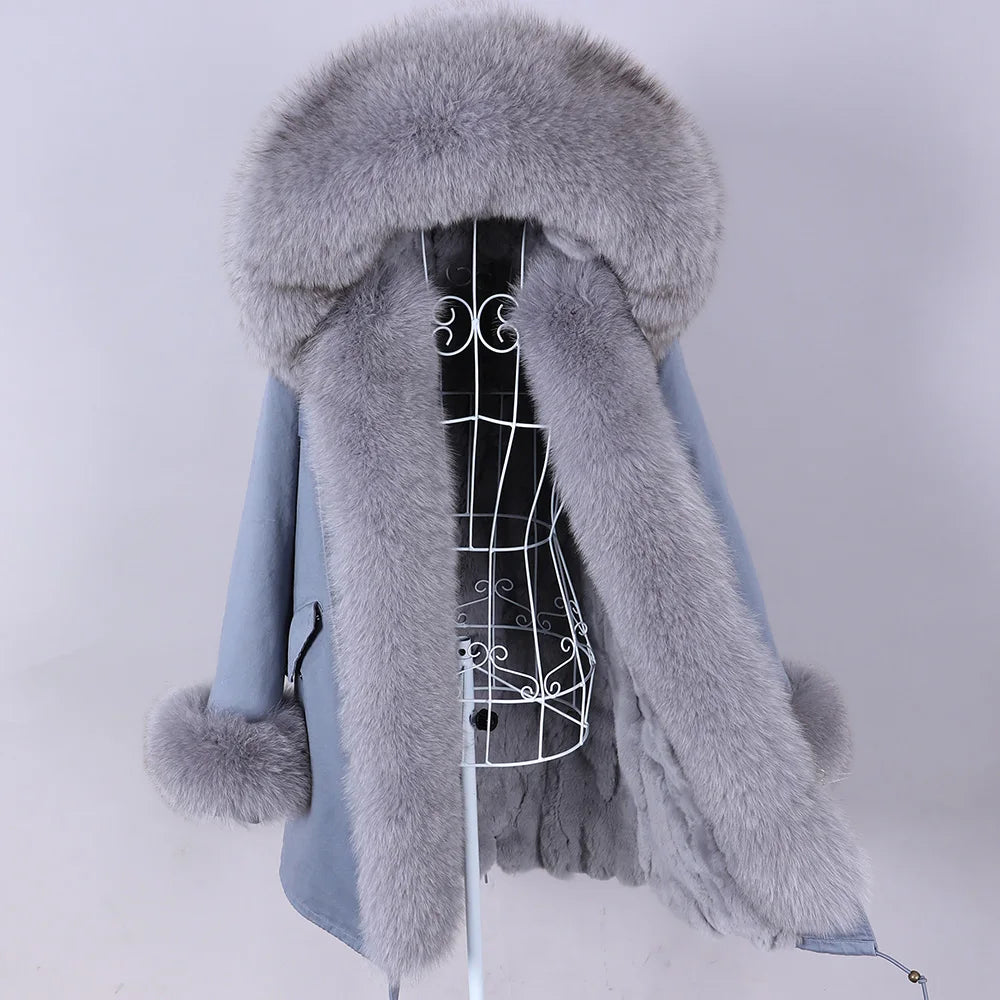 MAOMAOKONG 2026 Removable Real Fox Fur Collar Coats Woman Winter Jacket Hooded Rabbit Fur Lining Long Parkas Female Clothes