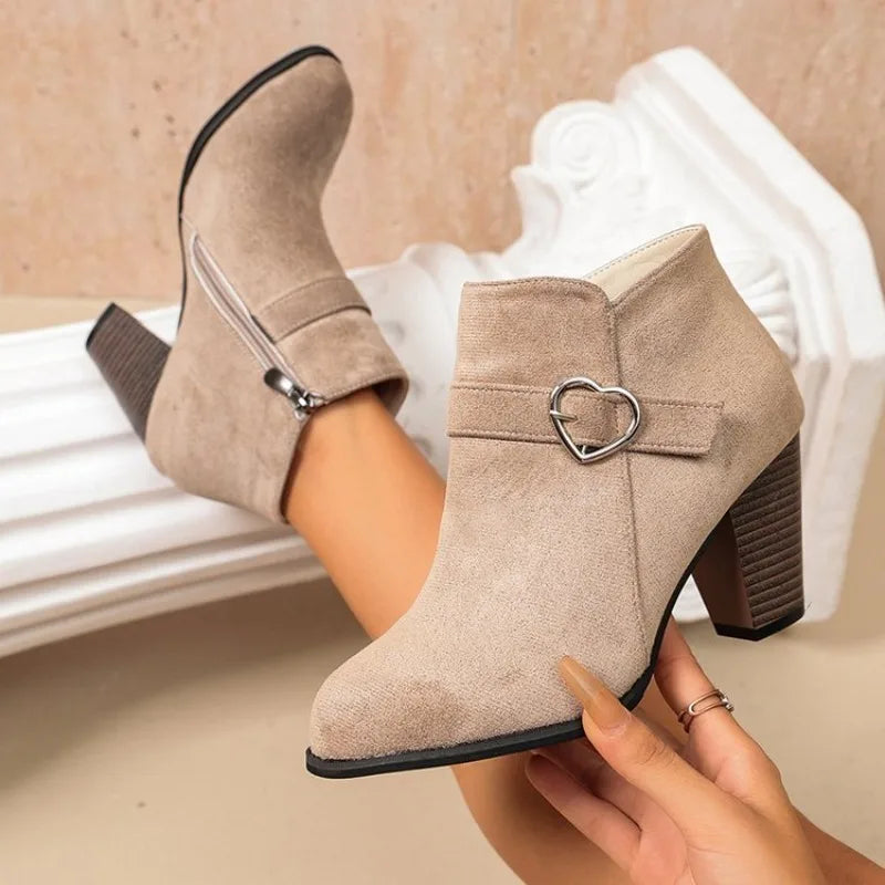 Women's Suede-Look Ankle Boots Round Toe Block Heel Side Zipper