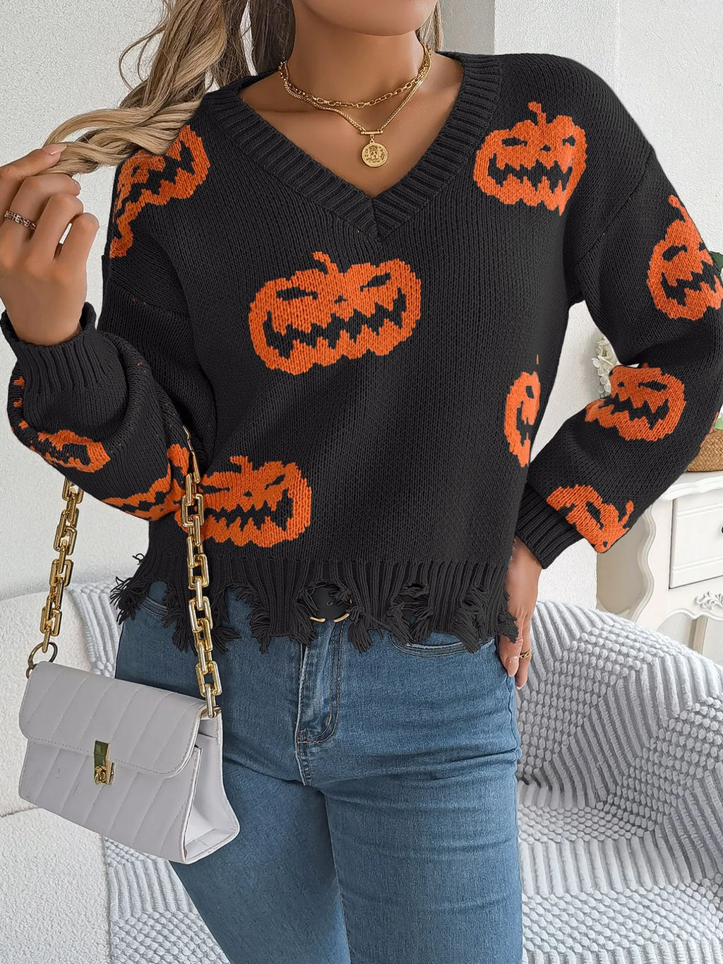 Women V-Neck Pumpkin Knit Pullover Sweater Acrylic Casual Autumn Winter