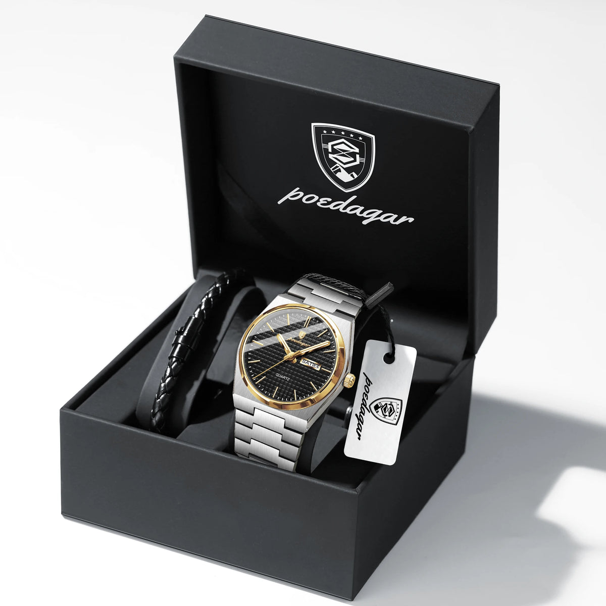 POEDAGAR Fashion Couple Watch Waterproof Stainless Steel Men Wristwatch Luminous Date Week Quartz Watches for Boyfriend+Gift Box