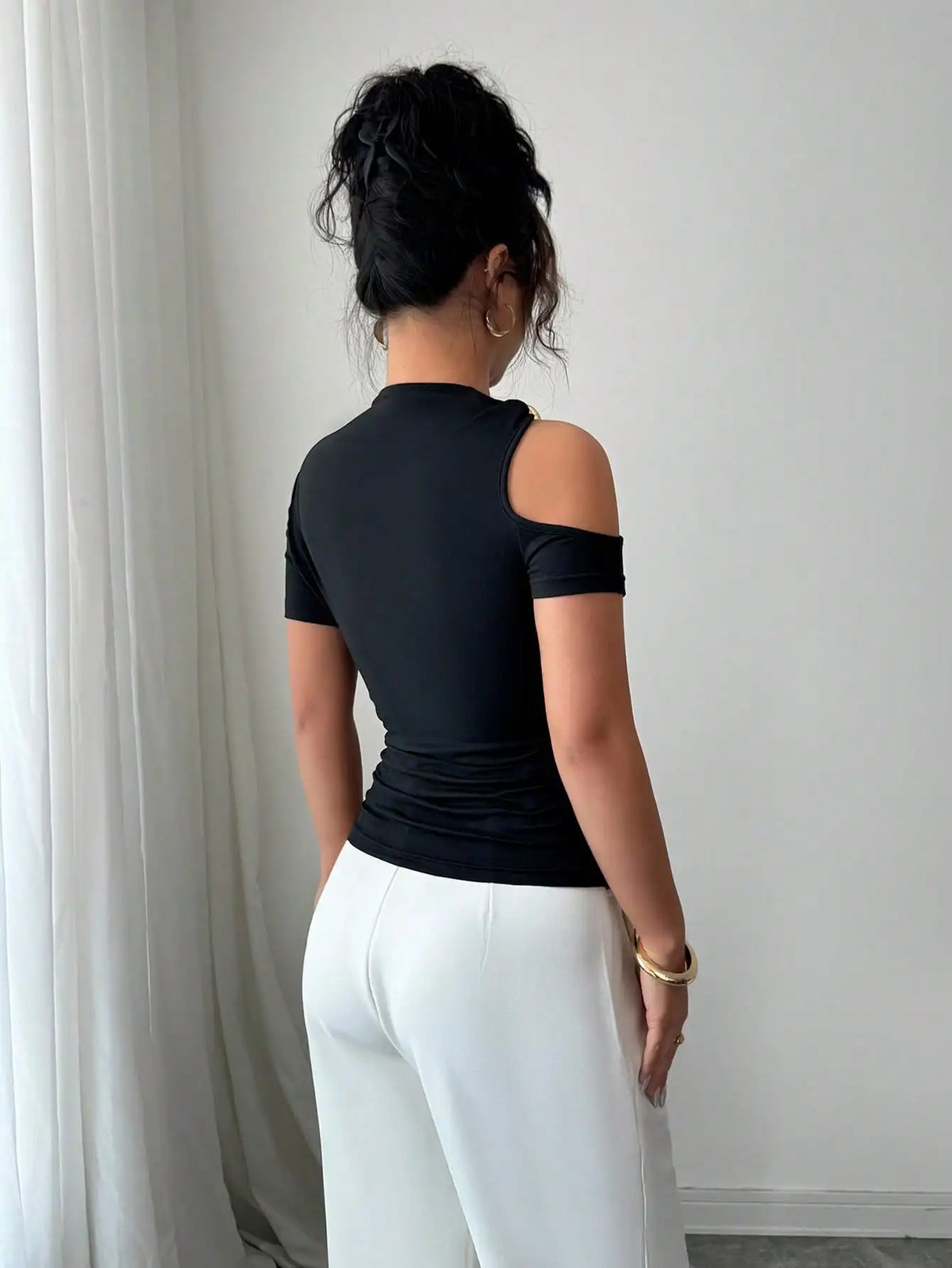 Women's Off-Shoulder Short Sleeve Knit T-Shirt with Slight Stretch