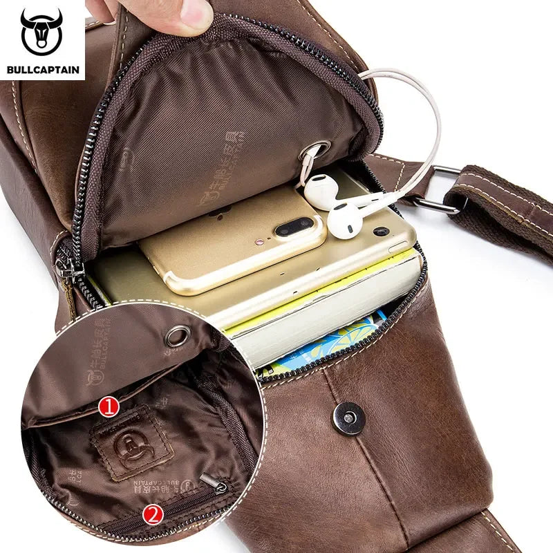 BULLCAPTAIN  Leather Messenger Bags Men's Casual Bag for Men Chest Bag Brand Designer Multi-Function Headphone Jack Chest Pack