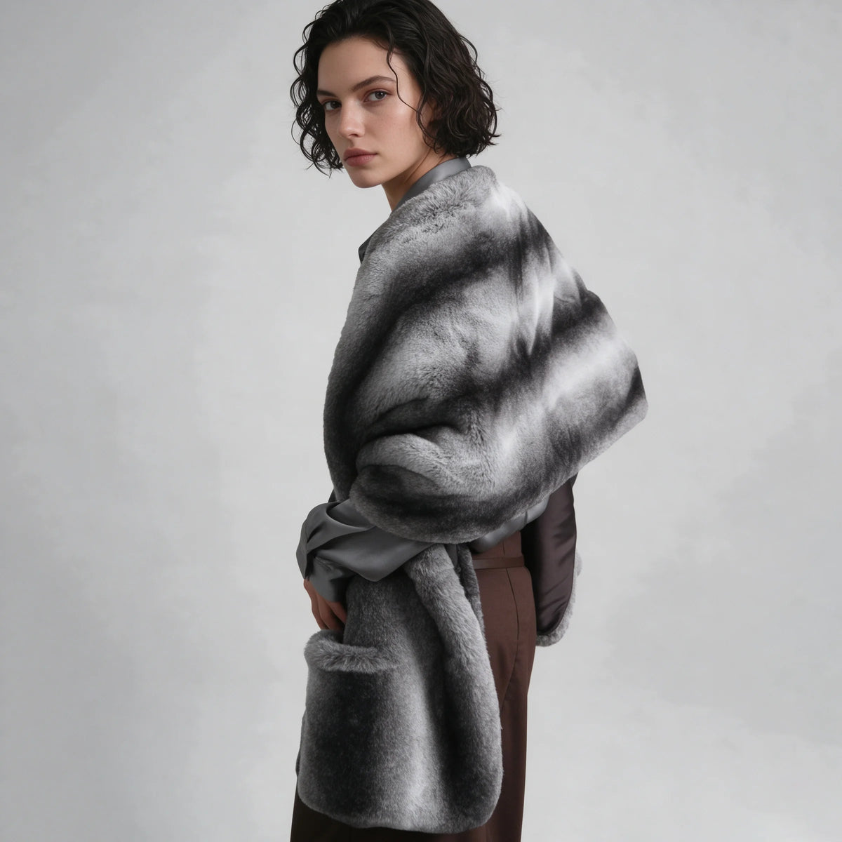 Women's Faux Fur Shawl Cape with Gradient Design and Side Pockets