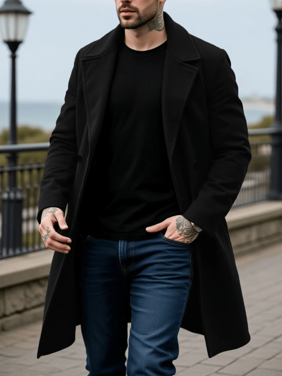 Men's Woolen Double Breasted Mid-Length Winter Coat with Lining