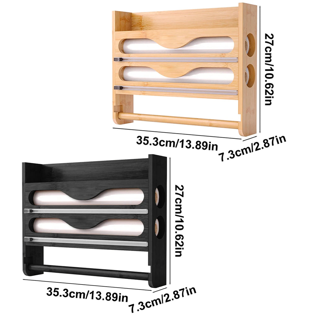 Caja de almacenamiento de bambú de 2 compartimentos con soporte para papel toalla de pared y cortador - Organizador de papel aluminio y plástico para cocina