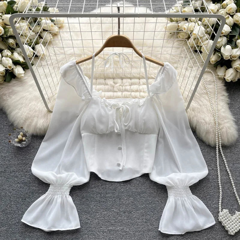 French Chic Halter Blouses Femininas Bow Flare Sleeve Short Tops Dames HighStreet Blusa Mujer Casual Shirts Clothes Dropshipping