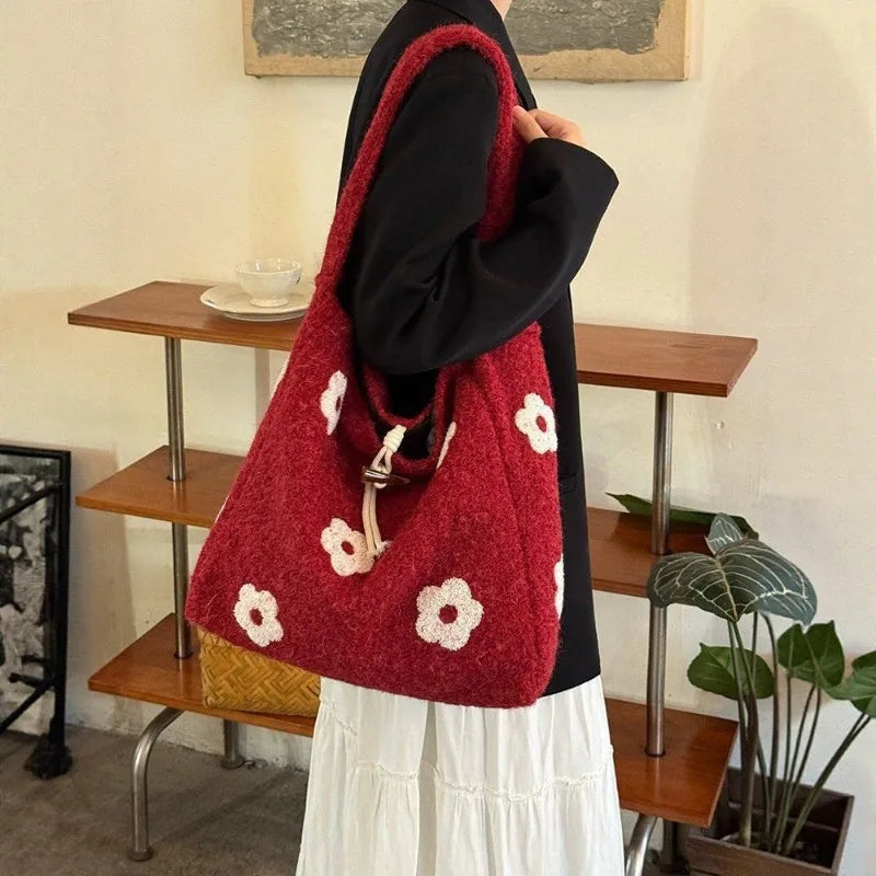 Flower Embroidered Felt Shoulder Tote Bag for Women