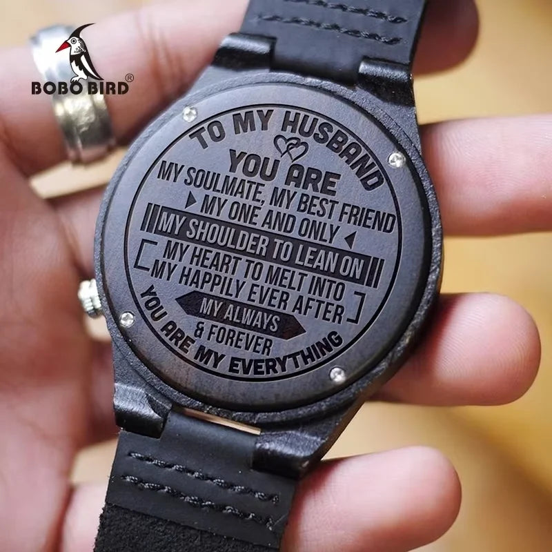 BOBO BIRD Wooden Quartz Watch for Men with Leather Band and Custom Engraving