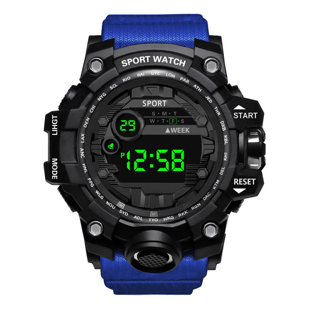 Reloj de pulsera electrónico deportivo de moda para hombre, reloj militar para niños con esfera grande multifuncional, impermeable y luminoso con alarma