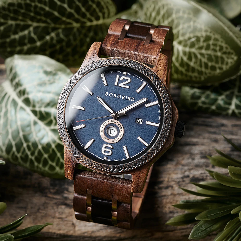 Wooden  Men's Watches BOBOBIRD New Fashion Japanese Movement Quartz Wristwatch Week Date Display Custom Name Brand Great Gift