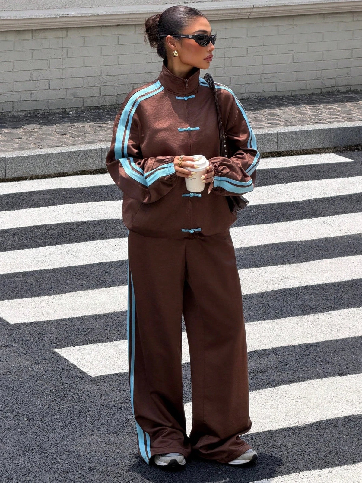 Women's Frog Button Tracksuit 2-Piece Polyester Casual Sports Outfit