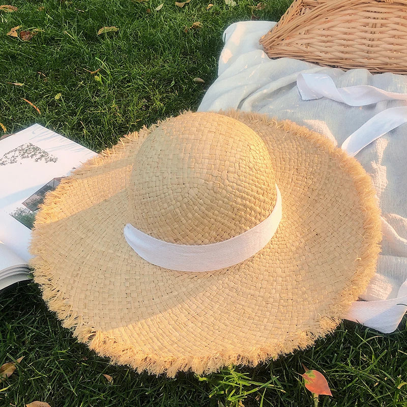 New Natural Raffia Hat Women Summer Hand Woven Straw Hat Gilrs Holiday Sun Hats Wide Brim Sun Hat Floppy Panama Travel Beach Hat