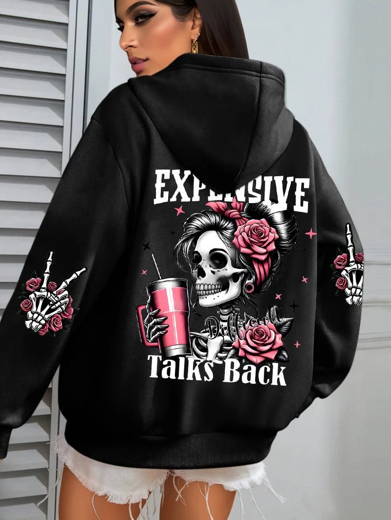 Damska bluza z kapturem z zabawnym nadrukiem „Expensive Talks Back”, luźny wielokolorowy sweter z polaru, jesienna odzież sportowa, bluza z kieszenią w stylu casual