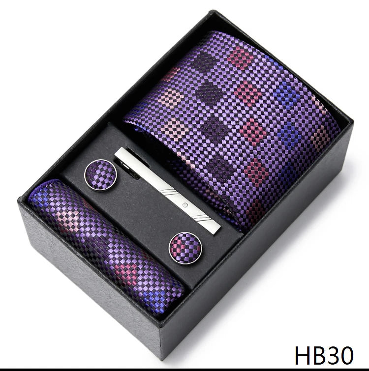 2023 Fashion 7.5 CM Width Tie Sets Black Men's Tie Hankerchiefs Cufflinks Clip Box Wedding Gift Handmade Necktie Work Clothing