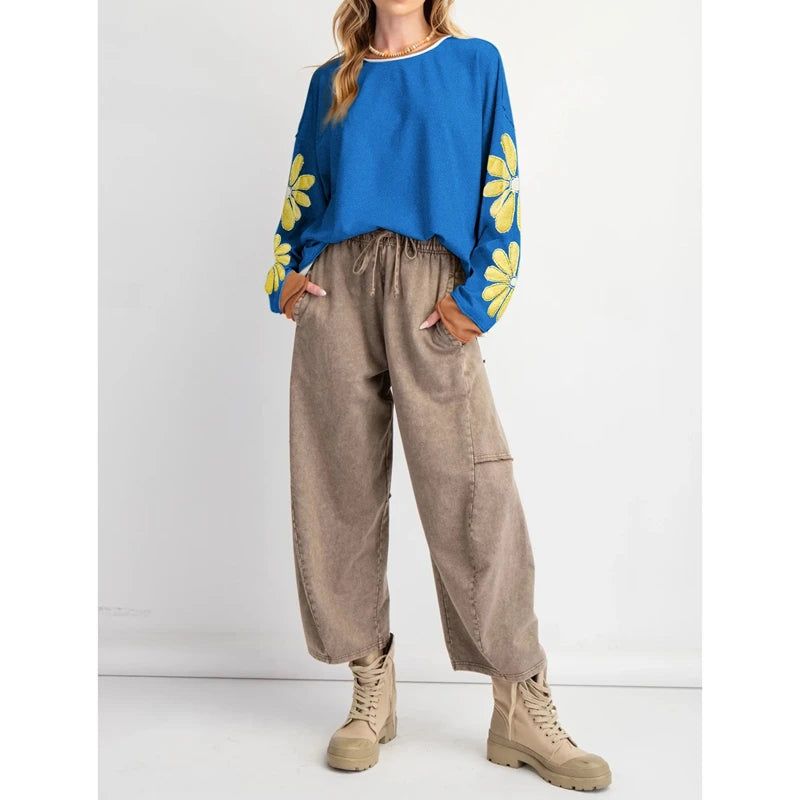 Combhasaki Women Cute Floral Embroidery Sweatshirt Teen Girls Y2K Colorful Layered Hem Oversized Loose Fit Preppy Pullover Tops