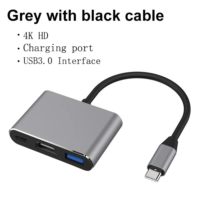 3-in-1 USB-C Hub with HDMI 4K, USB 3.0, and Charging Port