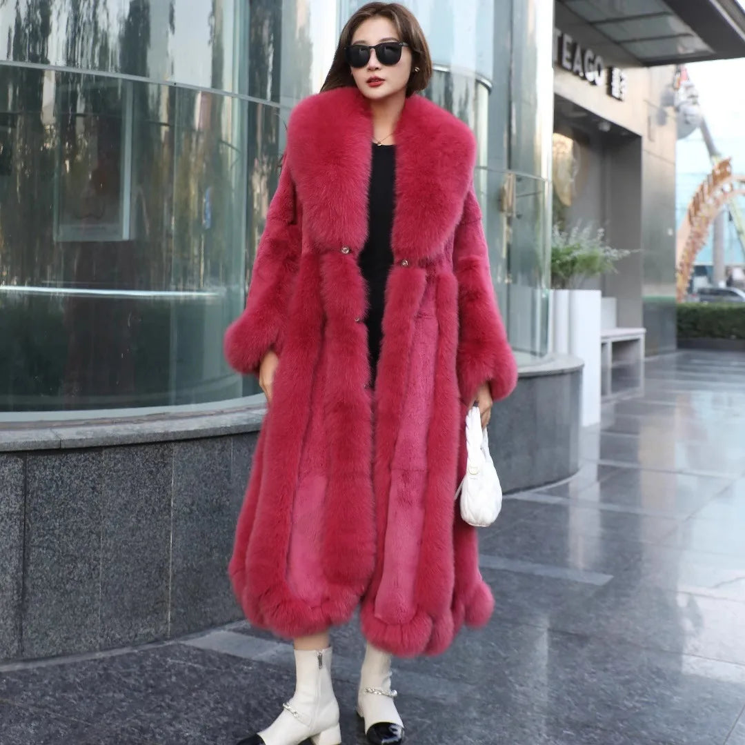 2026 Autumn Luxury Real Fox Fur Coat Long Women Genuine Rex Rabbit Fur Coat Famale Outerwear
